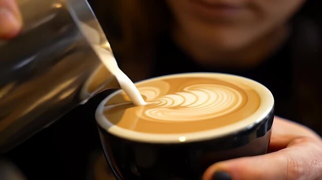 Close-up of a barista pouring steamed milk from a metal pitcher to create a rosetta latte art design in a dark coffee cup.