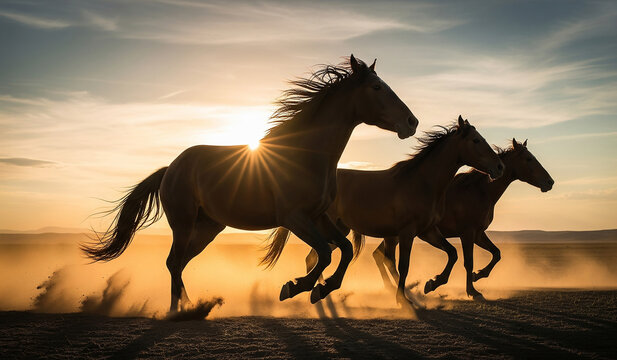 Horses galloping through dust at sunset