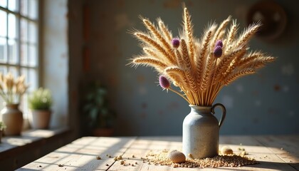Dried wheat flowers in decorative vase on rustic wooden table  