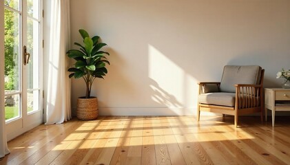 Sunlit Room with Warm Hardwood Floors Cozy and Inviting Interior Design Background for Home Improvement and Real Estate