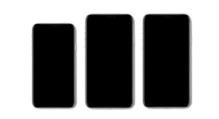 Three modern smartphones with black screens isolated on white background, showcasing sleek design and advanced technology for communication