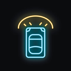 Neon sign showing a car top view with alarm system on black background