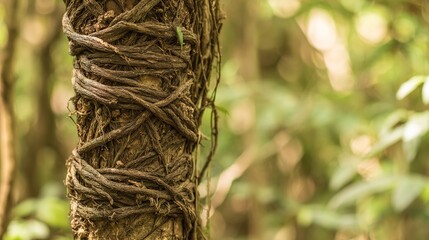 constraint. A tree trunk bound by thick vines in a forest, sunlight filtering through leaves. gardening catalogs, home-decor guides, designed for gardening and botanical catalogs.