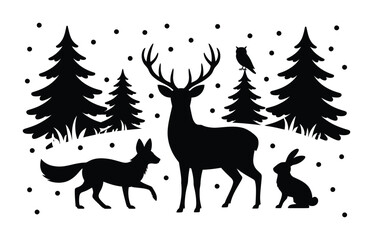 Forest animals and pine trees winter silhouette with deer fox and rabbit