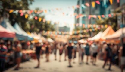 Vibrant outdoor festival with colorful decorations, tents, and crowds of people