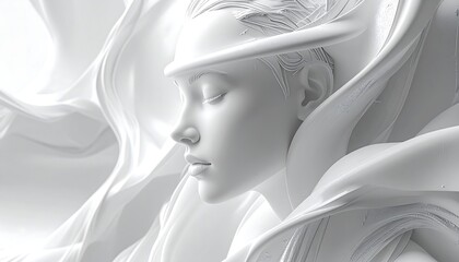 Fototapeta premium Monochromatic portrait of a woman with closed eyes surrounded by fabric
