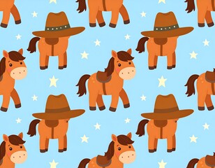 Cute Cartoon Horses with Cowboy Hats and Stars Seamless Pattern on Blue Background
