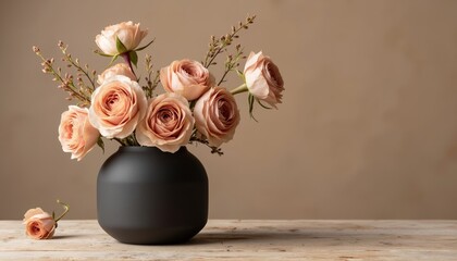 Soft pink roses arranged in black vase on wooden table