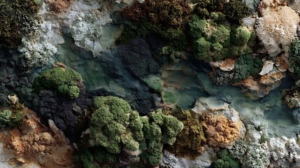 Mossy Riverbed Aerial View: Textured Abstract Nature Pattern and Composition