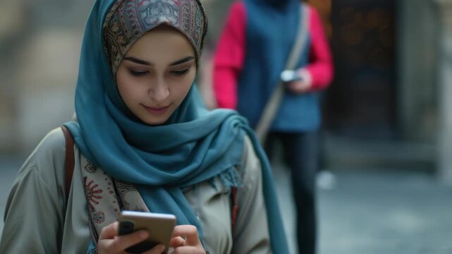 Portrait of a Muslim woman wearing a blue hijab looking at her phone outside during the day.