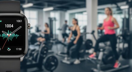 Closeup of a smartwatch displaying health data with a blurred gym backdrop featuring people exercising, showcasing fitness tracking and modern technology