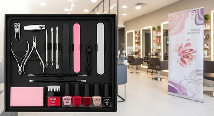Manicure set in a beauty salon, showcasing professional nail care tools and products for a perfect beauty treatment and spa experience