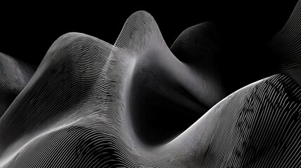 Striated monochrome abstraction evoking topographical landscapes and fluid forms