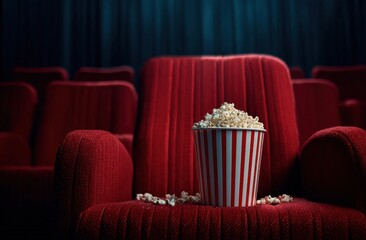 Vintage red theater armchair with striped popcorn bucket and scattered popcorn