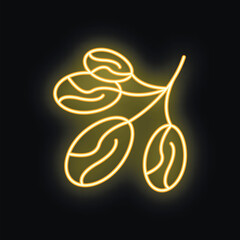 Branch with coffee beans glowing yellow neon light on a black background
