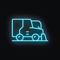 Minimalist vector illustration of a snow plow truck removing snow at night, glowing in blue neon light