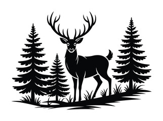 Obraz premium Deer standing in forest with pine trees vector silhouette illustration