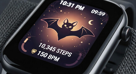 Spooky Halloween-themed smartwatch displaying bat icon with fitness tracking data for steps and heart rate, a modern tech concept