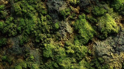 Textured moss growth on weathered rock, creating a natural green landscape