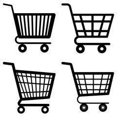 Four shopping carts with different basket styles in a black and white vector graphic illustration