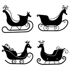 Four silhouette illustrations of santa's sleighs with reindeer heads in a christmas themed layout