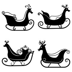 Illustration showing four reindeer pulling decorative christmas sleighs in black silhouette style art