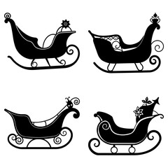 Silhouette illustration of four different decorative christmas sleigh designs in black and white color