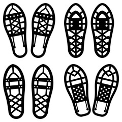 Illustration of four pairs of snowshoes with intricate webbing and distinct frame designs in black and white