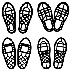 Four pairs of snowshoes in black outline with different designs and patterns arranged on white background