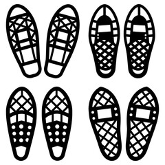 Collection of six snowshoes in various designs and patterns displayed in a monochrome composition style