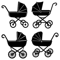 Four black baby carriages with canopies and different wheel styles arranged in a square formation pattern