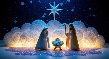 Christmas serene nativity moment illuminated by golden star above the stable