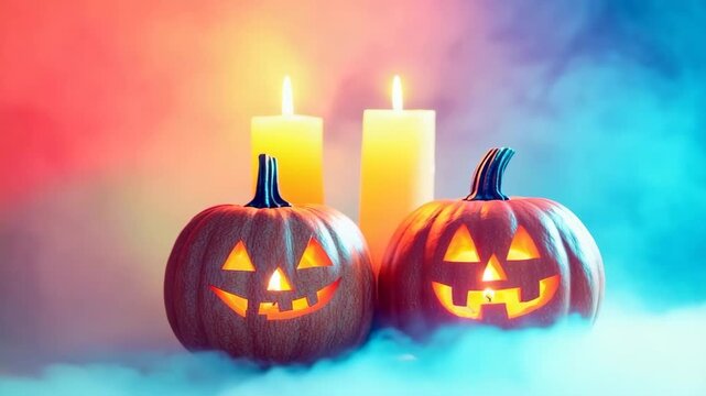 Candle lit Halloween pumpkins glowing in vibrant colors with empty space for festive greetings