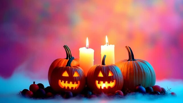 Candle lit Halloween pumpkins glowing in vibrant colors with empty space for festive greetings