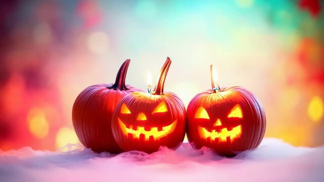 Candle lit Halloween pumpkins glowing in vibrant colors with empty space for festive greetings