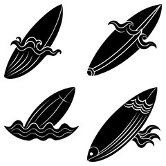 Four surfboard illustrations with wave accents in black and white simple design for summer sports fun 100c