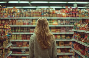 Woman with long hair shopping in grocery store aisle filled with snacks and food items