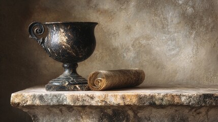 scroll. A classical kylix cup and an open scroll on a weathered marble pedestal. event programs, museum guides, designed for cultural heritage projects and event programs, supports education.