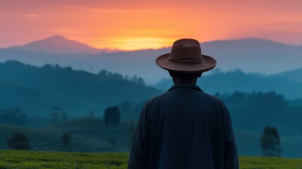A silhouette of a man in a straw hat gazes at a colorful sunset over rolling hills, creating a serene and contemplative atmosphere.