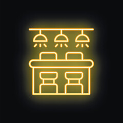 Yellow neon icon of a bar counter with stools and ceiling lamps illuminating the room