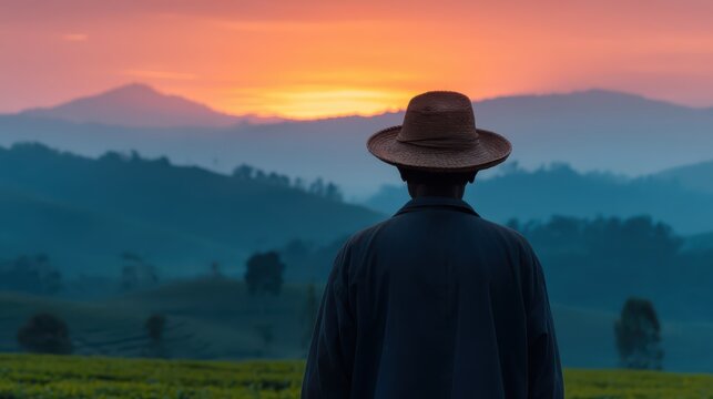 A silhouette of a man in a straw hat gazes at a colorful sunset over rolling hills, creating a serene and contemplative atmosphere.
