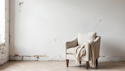 Cozy armchair with soft blanket against a minimalist white wall  