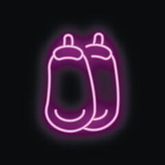 Vibrant glowing neon illustration of two eggplants, isolated on a black background