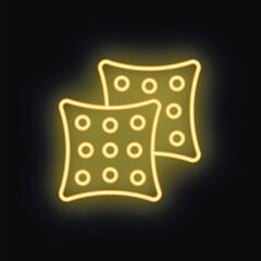 Neon sign representing two square pillows with dotted pattern, glowing yellow on a black background