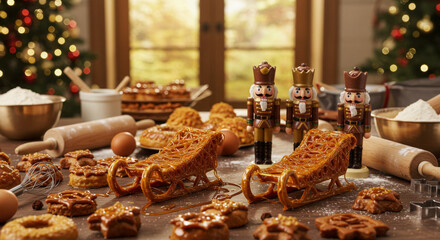 Christmas Elegant Food Display Featuring Gingerbread and Festive Toys