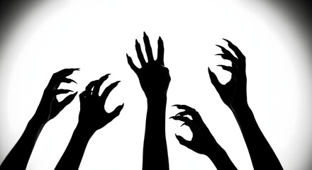 Silhouette of spooky hands with long nails reaching up against a white background, creating a mysterious and eerie atmosphere