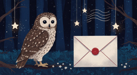 Whimsical Forest Scene: Wise Owl and Mysterious Message at Night