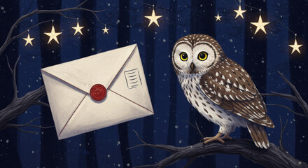 Magical Owl Delivers Letter Among Stars in Midnight Forest