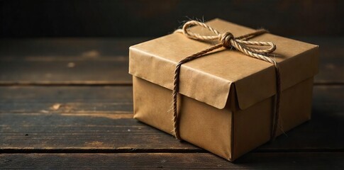 Mysterious Brown Cardboard Box Tied with Twine on Rustic Wood, Perfect for Mystery, Suspense, Gift, or Surprise Themes