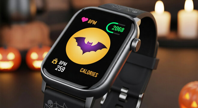 Halloween-themed smartwatch showcasing fitness data with bat icon, pumpkins, and candles, perfect for holiday-themed health and wellness marketing